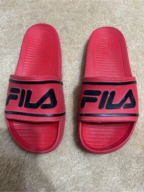 Fila Red Slide Sandals with Black Logo